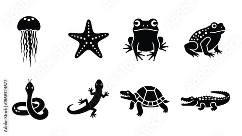 A collection of marine and terrestrial animal icons depicted in a stark black style silhouette high quality professional detailed modern elegant
