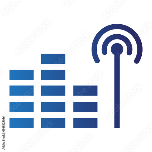 A graphic illustration of a signal tower emitting waves next to a building's blue bar chart on a white background