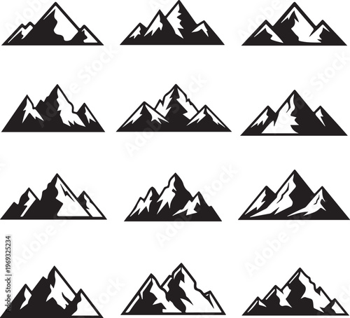 Set of mountains silhouettes. Mockups for creating logo, badges and emblems. Vector illustration