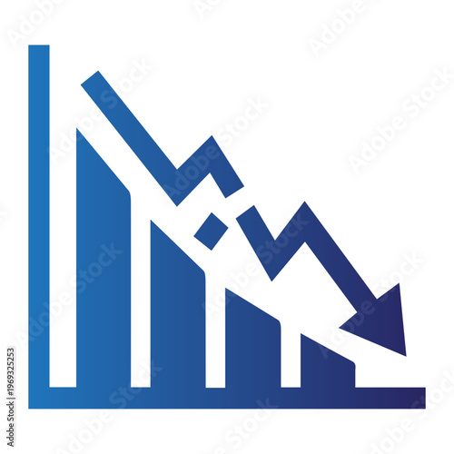 A downward trend graph shows decreasing statistics with a blue arrow.