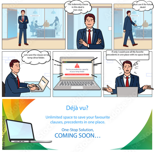Comic Style Business Workflow Illustration – Data Storage Problem & Cloud Solution Concept (Coming Soon Banner)