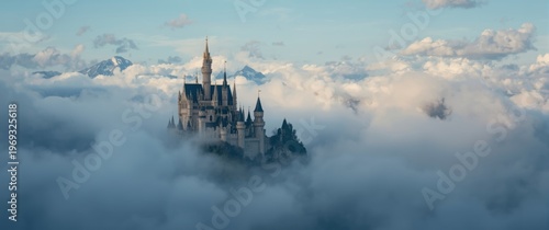 Tranquil paradise scene showing a castle embraced by cottony clouds