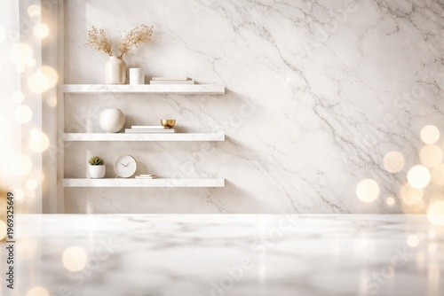 White marble shelf wall with defocused tabletop and bokeh light large format print studio background
