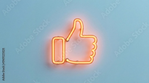 Neon thumbs up sign glowing on a light blue background