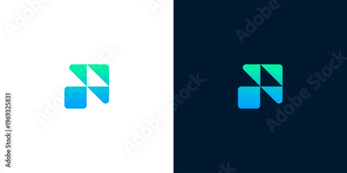 Geometric abstract logo design with gradient colors on white and dark backgrounds
