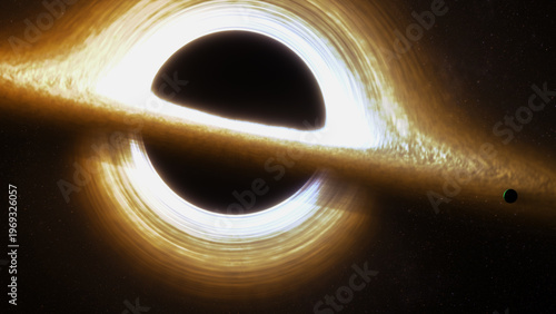 Supermassive black hole event horizon golden accretion disk gravitational lensing, warped spacetime, swirling plasma, deep space stars, cinematic cosmos, astrophysics concept, sci fi background