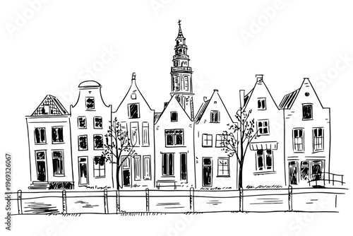 Black and white of historic european houses with clock tower architecture buildings