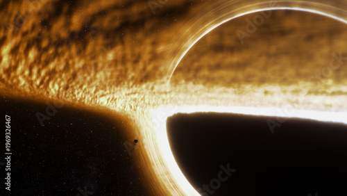 Supermassive black hole event horizon golden accretion disk gravitational lensing, warped spacetime, swirling plasma, deep space stars, cinematic cosmos, astrophysics concept, sci fi background