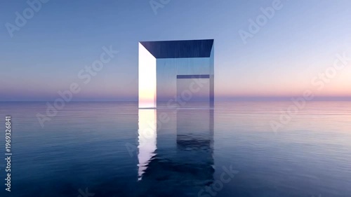 Reflective cube in tranquil water at sunset