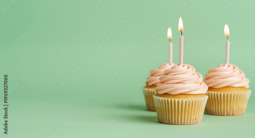Fototapeta premium Sweet birthday cupcakes with twisted frosting and flickering candles set against a clean green background with copy space