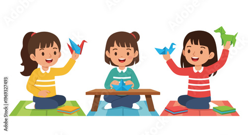 Three cheerful girls are sitting on mats and making colorful origami shapes like cranes, boats, and dogs during a creative art session.