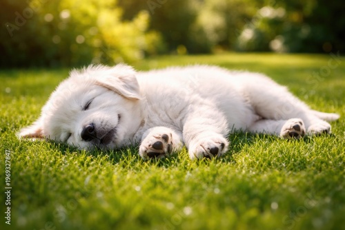 Happy full length view of a playful white puppy napping on lush green grass lawn during a summer day