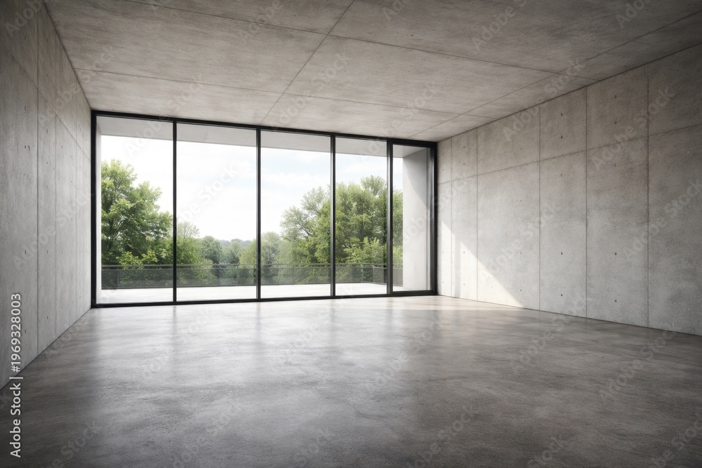 Fototapeta premium Interior view of a modern empty room with concrete flooring and expansive window
