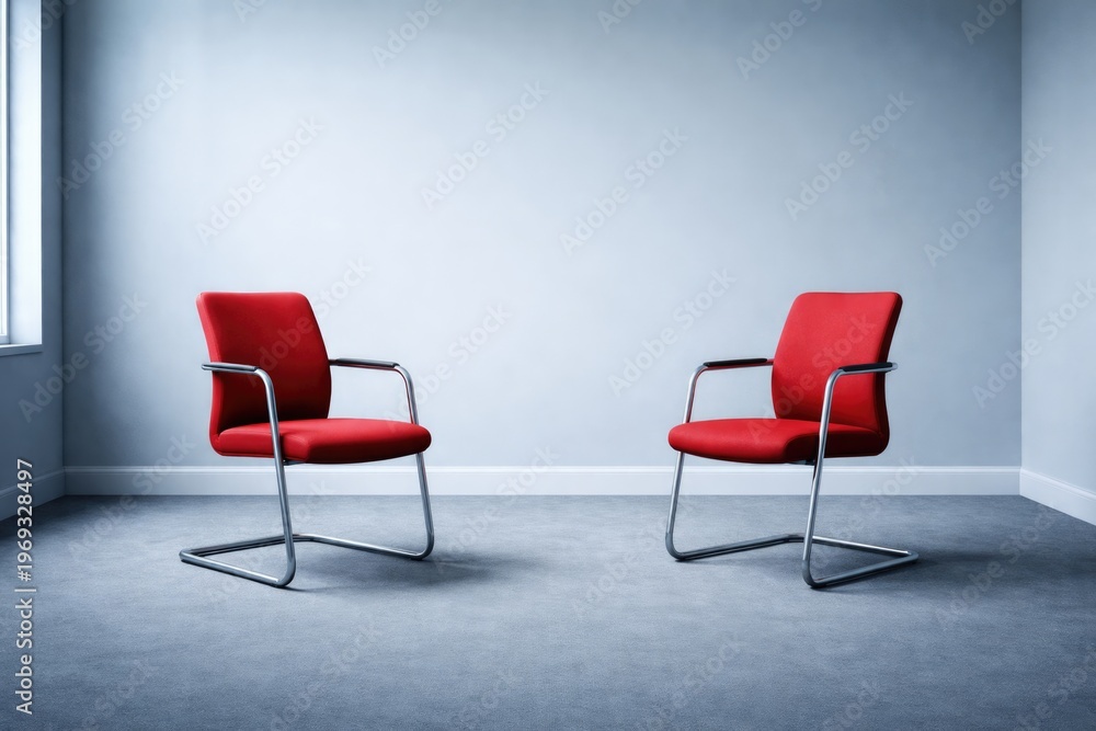 Obraz premium Professional consultation scene with two red chairs facing each other in a corporate interview room featuring a soft blue wall and floor with empty copy space