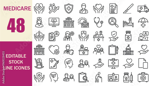 MEDICARE icon set. Editable line icons. Vector illustration.
