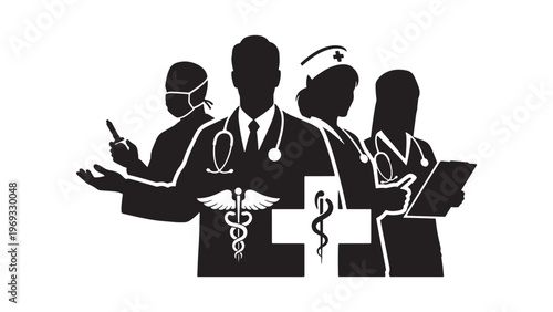 Dedicated medical professionals silhouettes, featuring a doctor, nurse, and support staff, symbolizing modern healthcare and essential medical services.
