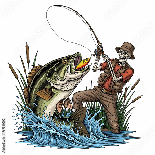 Skeleton fisherman catching largemouth bass with lure in water vintage woodcut style illustration