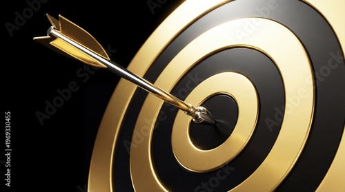 Golden arrow hitting the center of a black and gold target