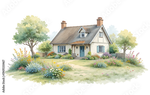 White house with blue door and garden flowers