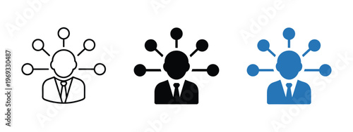 Manager, icon with connected responsibility nodes representing delegation, task control, leadership, workflow management, team coordination, business process, and organizational structure in vector de