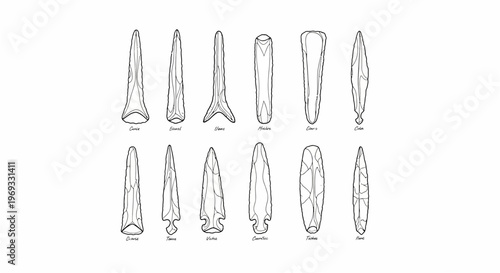 A collection of ancient stone tool illustrations diverse arrowhead and spearhead shapes for archaeological study
