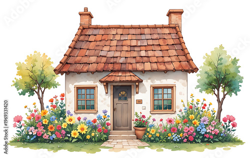 White house with brown roof and flowers cottage garden 1 trees