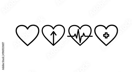 Four black line art hearts representing stages of cardiac health and medical care