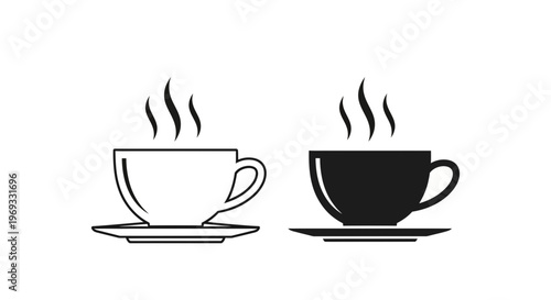 Two elegant coffee cups with rising steam a minimalist black and white illustration for beverage lovers