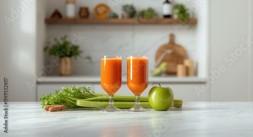 Two glasses filled with carrot juice accompanied by fresh celery and green apple for health focus