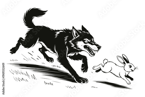 Black wolf chasing white rabbit across grassy field chase running