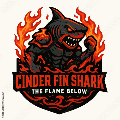 Set fiery muscular cinder fin shark logos in a vector set. Versatile for sports team branding, surf apparel, or gym logos.