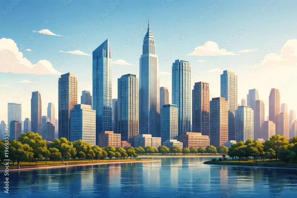Obraz premium Flat style illustration of a modern city skyline with skyscrapers