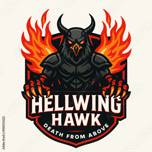 Set with demonic hellwing hawk in fiery flames for edgy brands, sports teams or adventurous products and services.
