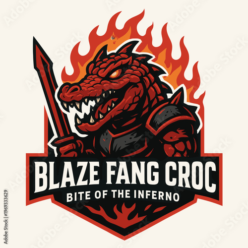Set of a blazing croc with a fiery sword, perfect for gaming, sports, or entertainment brand logos and designs.