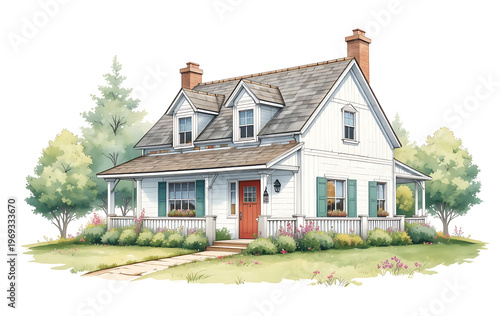 White house with red door and green shutters on gray roof