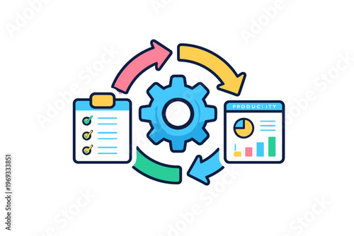 Vibrant business process management icon illustrating a continuous workflow cycle for task planning, data analysis, and productivity enhancement