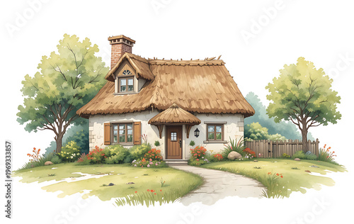 White stone cottage with brown thatched roof and garden house