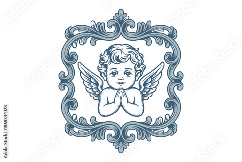 Blue framed of a praying cherubic angel with wings prayer hands