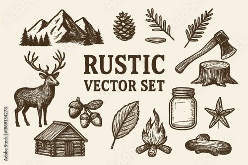 Set featuring rustic animal, plant, and tool icons ideal for farm brands. Perfect for agriculturebased businesses and projects.