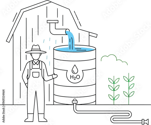 Farmer standing beside a rainwater harvesting barrel with a barn