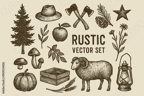 Rustic handdrawn forest farm elements offer versatile logo design options, ideal for natureinspired brands looking for a unique touch.