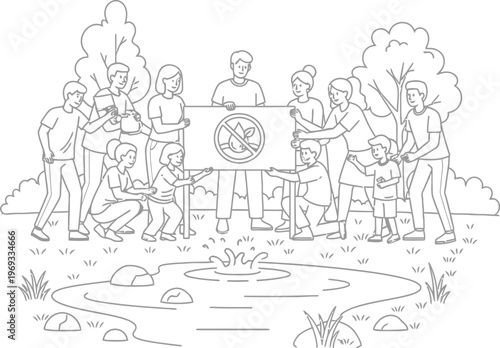 Group of people holding a sign that says no smoking near a pond