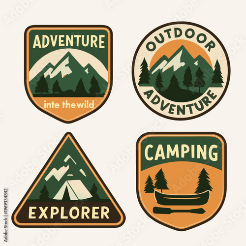 Set of four outdoor themed graphic badges for camping adventures. Perfect for branding, websites, social media, and promotional materials.