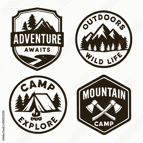 Combining nature and camping designs, vector logo set with four outdoor themed badges. Ideal for branding projects with an outdoorsy vibe.