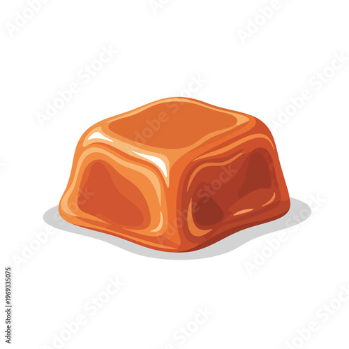 Shiny, square caramel candy with soft, rounded edges and a glossy finish