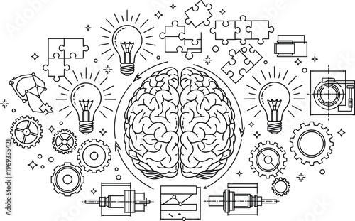 Human brain creativity, light bulbs idea, puzzle pieces solution, gears mechanism, engineering blueprints, business analytics, innovation concept, logical thinking, flat vector illustration.