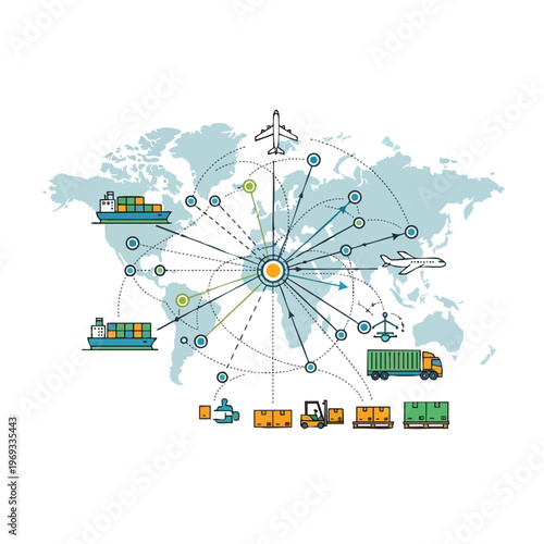 Global logistics network connecting continents with various transport modes