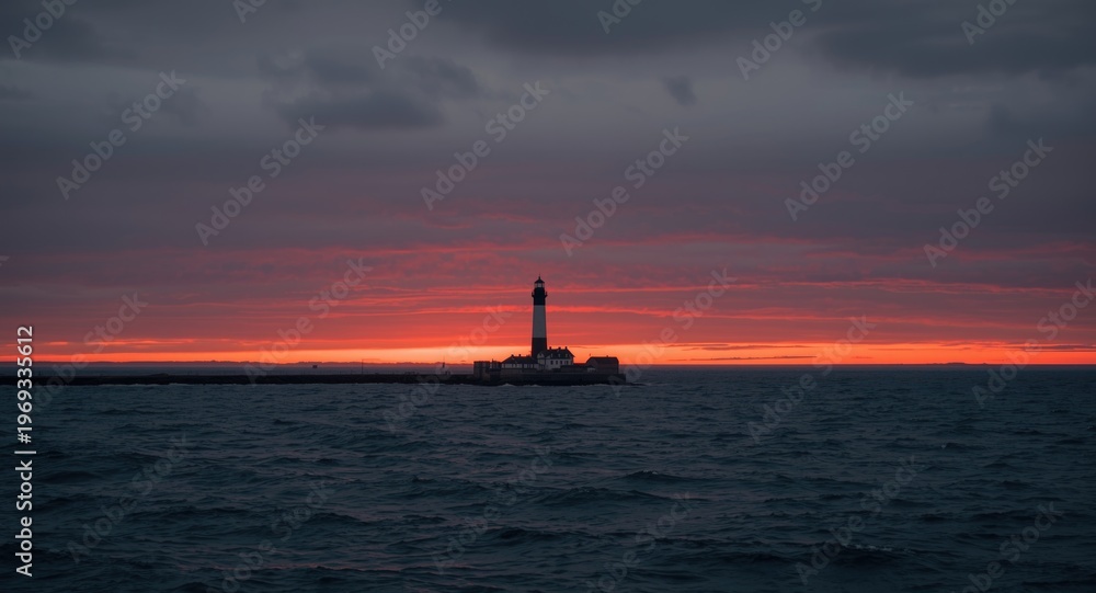 Fototapeta premium Sunset backdrop with lighthouse standing tall amidst a gloomy ocean sky