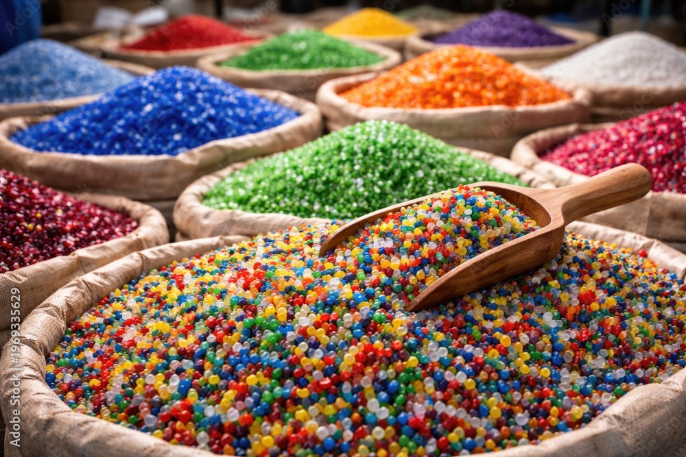 Fototapeta premium Vibrant recycled plastic granules in assorted colors for sustainable manufacturing projects