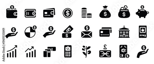 Money, and finance icons set featuring banking, payments, savings, investment, and income concepts, with black filled symbols for financial apps, fintech, business dashboards, accounting, 